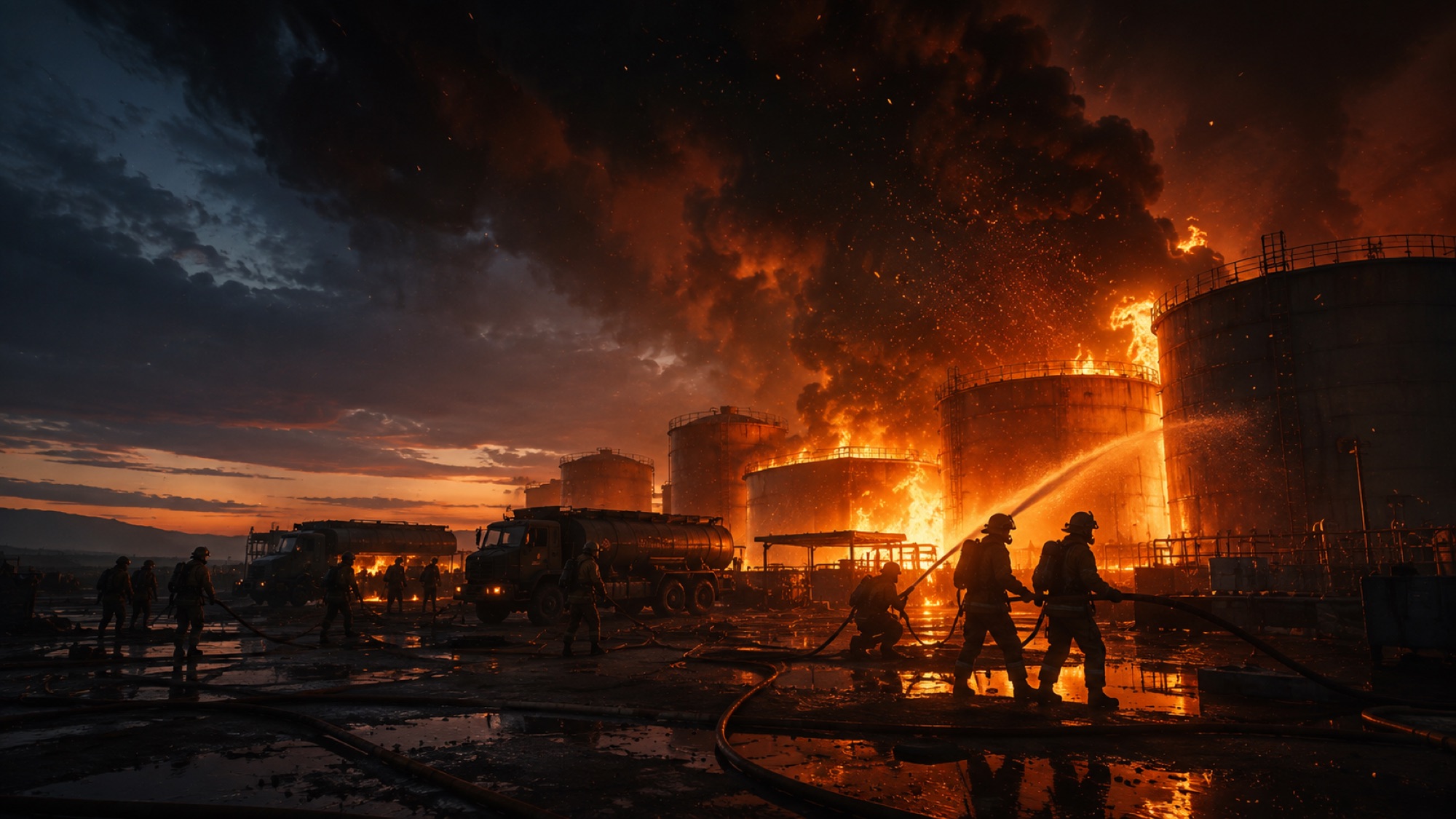 Military fuel depot fire being fought at dusk by firefighting crews